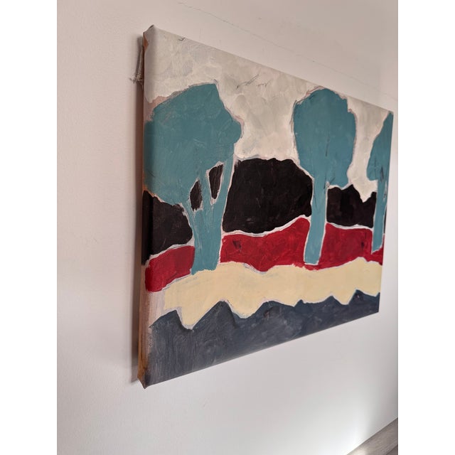 Original Abstract Tree Landscape Acrylic Painting, Red and Blue Modern Wall Art, Minimalist Nature Canvas, Contemporary Countryside Home Decor For Sale - Image 4 of 5