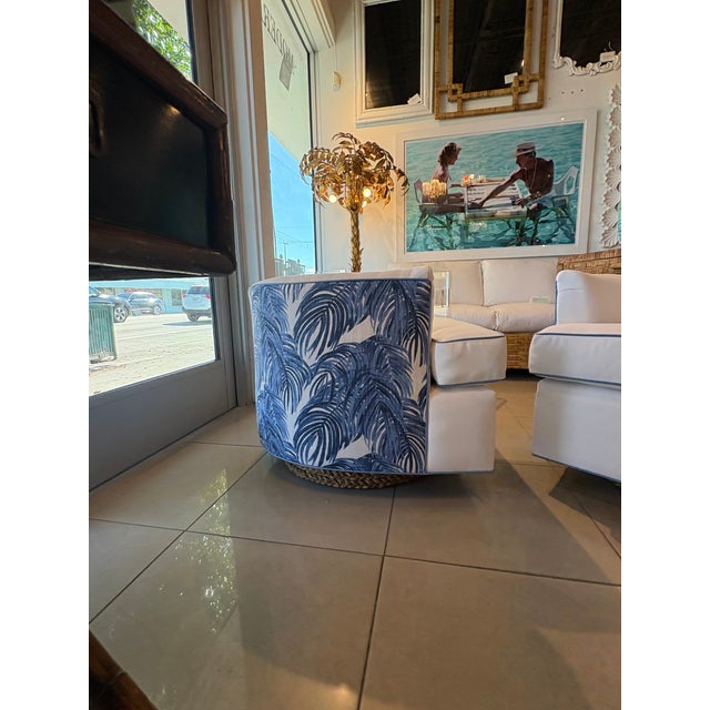 1970s Vintage Pair Swivel Chairs Seagrass Base Blue & White Palm Beach New Upholstery For Sale - Image 5 of 13