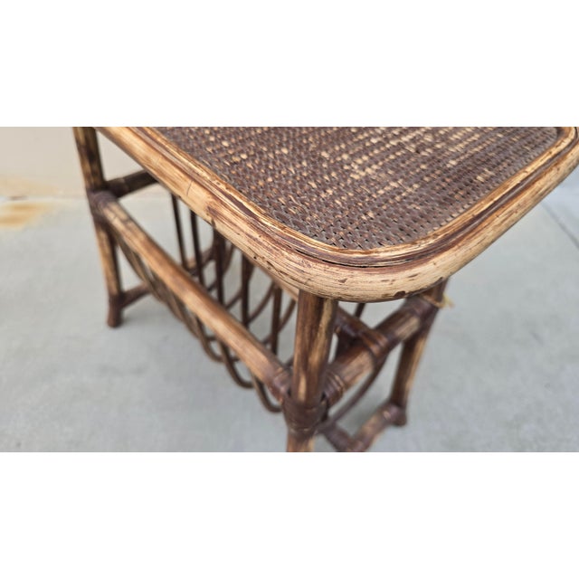 Wood Vintage Rustic Coastal Bamboo Rattan Brown Magazine Rack Side Table For Sale - Image 7 of 14
