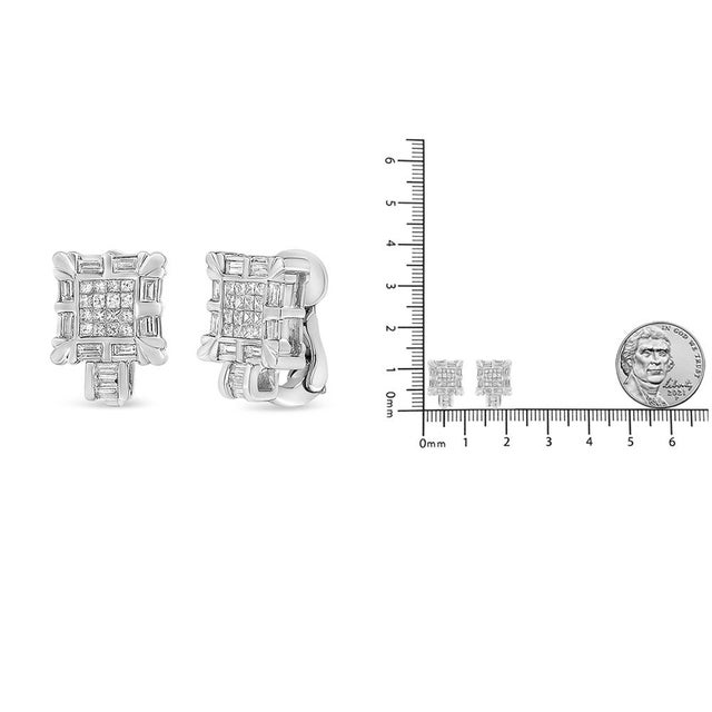 Early 21st Century 14K White Gold 1.0 Cttw Princess and Baguette-Cut Diamond Square Framed Huggie Hoop Omega Earrings (H-I Color, SI1-SI2 Clarity) For Sale - Image 5 of 5
