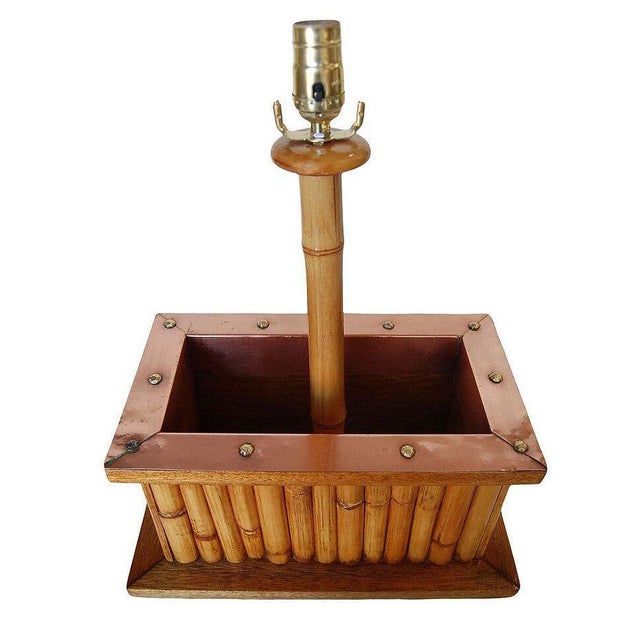 1950s Restored 1950s Rattan & Koa Wood Planter Table Lamp With Large Copper Accent For Sale - Image 5 of 9