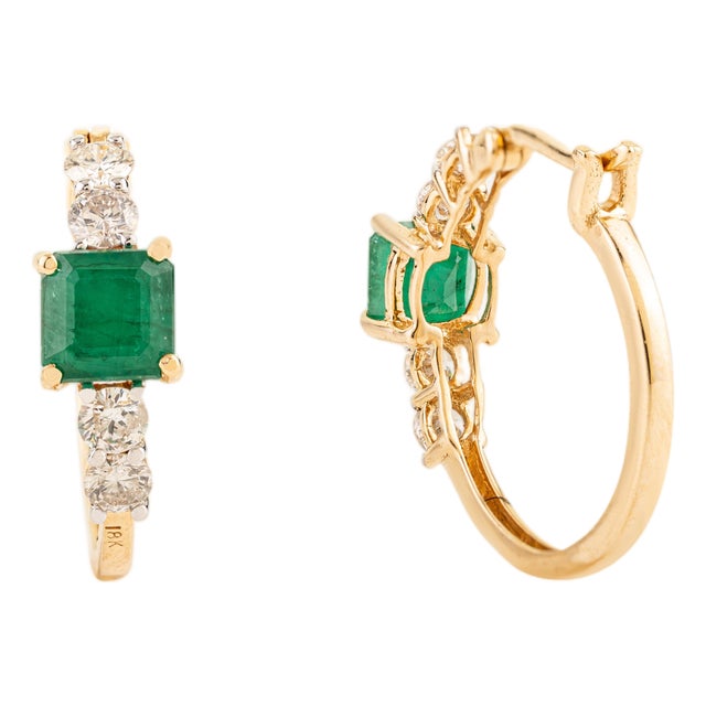 18k Yellow Gold 1.45Ct Square Emerald & Diamond Everyday Hoop Earrings- A Pair For Sale