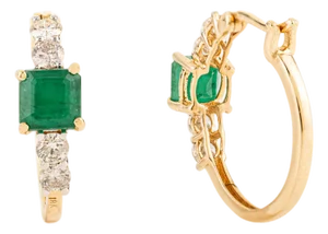 18k Yellow Gold 1.45Ct Square Emerald & Diamond Everyday Hoop Earrings- A Pair