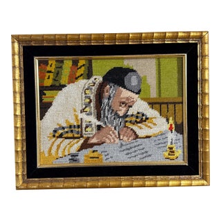 Vintage Needlepoint Judaica Rabbi Writing Torah Framed Handmade Art For Sale