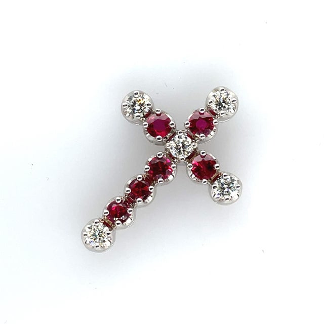 Metal 14k White Gold Diamond & Ruby Cross Pendant Necklace For Sale - Image 7 of 7