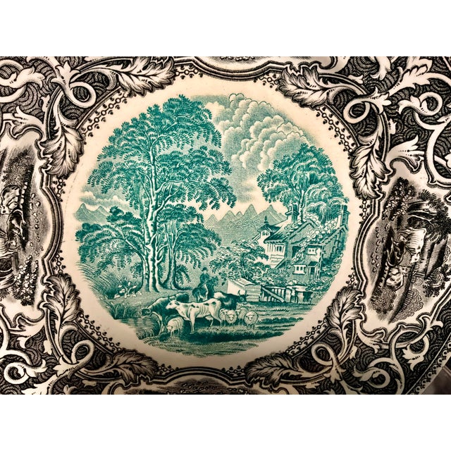 Antique black transfereware 9.25'" plate with green pastural landscape. Old mark on backside reads Paturage J.B....