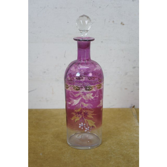 Antique Bohemian Cranberry Art Glass Liquor Wine Decanter Bottle 10" For Sale - Image 4 of 16