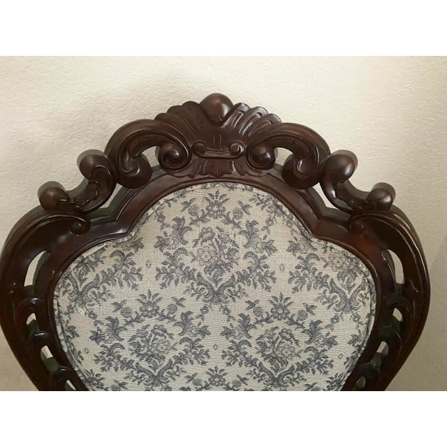 Louis XV Style Bergere Carved Wood and Blue and Dark White Designed Upholstered Chair Vintage For Sale - Image 4 of 16