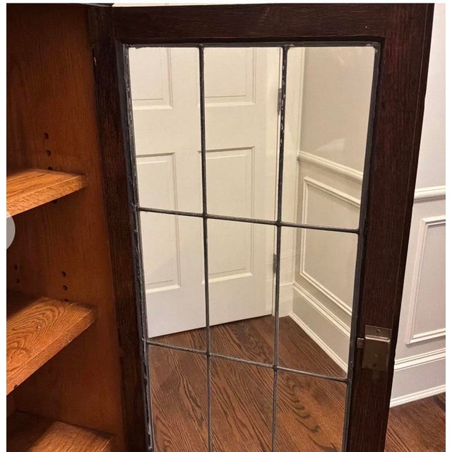 Early 20th Century Antique Arts & Crafts Oak Bookcase With Original Leaded Glass Doors – Narrow 11” Profile For Sale - Image 5 of 9