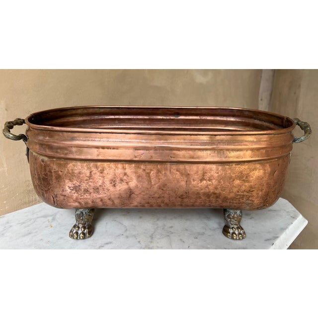 19th-century copper jardiniere with brass lion's paw feet and handles. Holes have been drilled in the bottom for water.