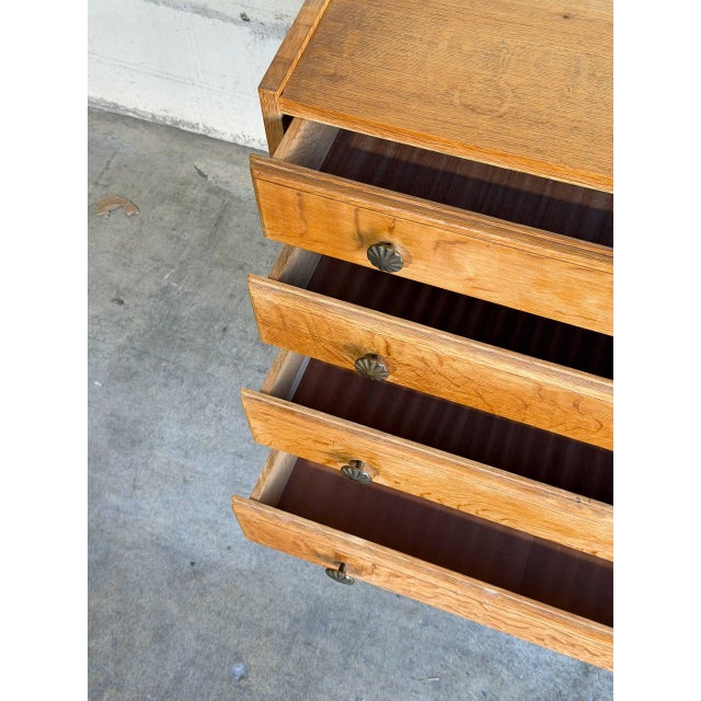 Wood Vintage Small Oak Dresser With 4 Drawers Sunburst Knobs and Tapered Legs Denmark 1960s For Sale - Image 7 of 12
