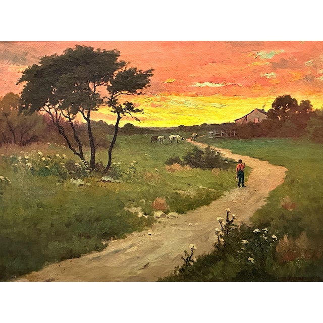 On offer is an American Impressionist landscape painting featuring a vibrant sunset casting a glow over a farm setting....