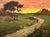 On offer is an American Impressionist landscape painting featuring a vibrant sunset casting a glow over a farm setting....