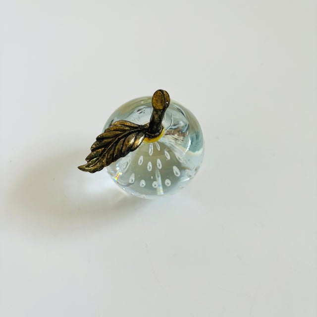 Mid-Century Modern Glass Apple Paperweight With Brass Stem For Sale - Image 3 of 6