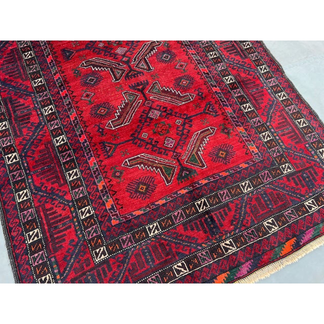 3'10" X 7'10" Vintage Afghan Hand-Knotted Baluchi Rug, Red Tribal Geometric Kitchen Rug For Sale - Image 11 of 12
