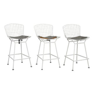Set of Three Harry Bertoia White Patinated Wire Bar Stools For Sale