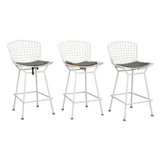Set of Three Harry Bertoia White Patinated Wire Bar Stools For Sale