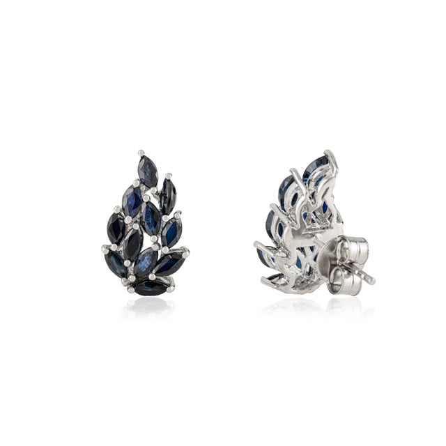 Not Yet Made - Made To Order Leaf Style 4x2 Mm Marquise Cut Blue Sapphire 925 Silver Stud Earrings - A Pair For Sale - Image 5 of 10