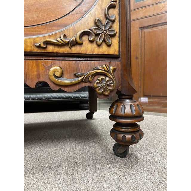 Antique 1930's Bedroom Highboy Dresser Chest of Drawers, Hand Carved Walnut, Burl Inlay For Sale - Image 9 of 13