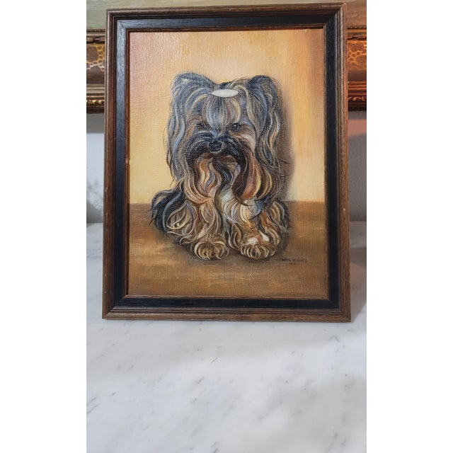 Mid-Century Modern Vintage Dog Portrait Oil Painting, Yorkshire Terrier "Yorkie" Signed & Framed 1975 For Sale - Image 3 of 10
