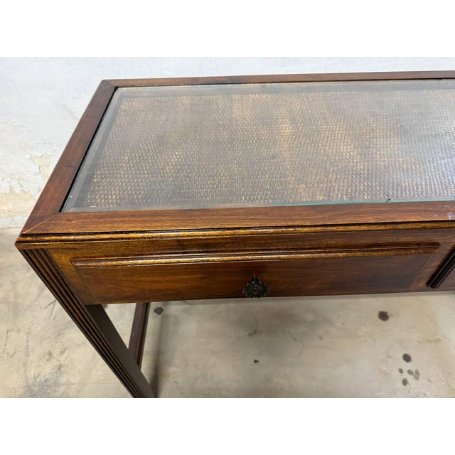 Vintage Chinioiserie Style Glass Rattan Top 2 Tier Console Table Desk For Sale - Image 11 of 14