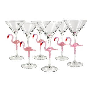 Vintage Hand-Blown Pink Flamingo Martini Glasses - Set of 6 For Sale