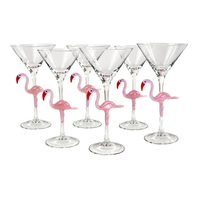 Vintage Hand-Blown Pink Flamingo Martini Glasses - Set of 6 For Sale