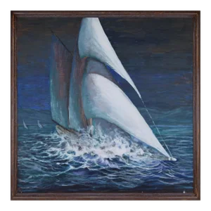 Mid Century Modernist Sailboat Ship Portrait Seascape Painting Oil on Board
