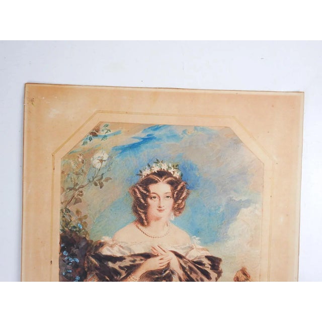 Antique Mid 19th Century Watercolor Portrait Painting of Young Woman For Sale - Image 4 of 5