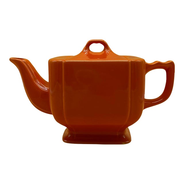 1930s Homer Laughlin Riviera Teapot Art Deco Sculptural Ceramic Tangerine Orange For Sale
