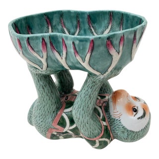 Vintage Ceramic Chinoiserie Monkey With Lotus Bowl For Sale