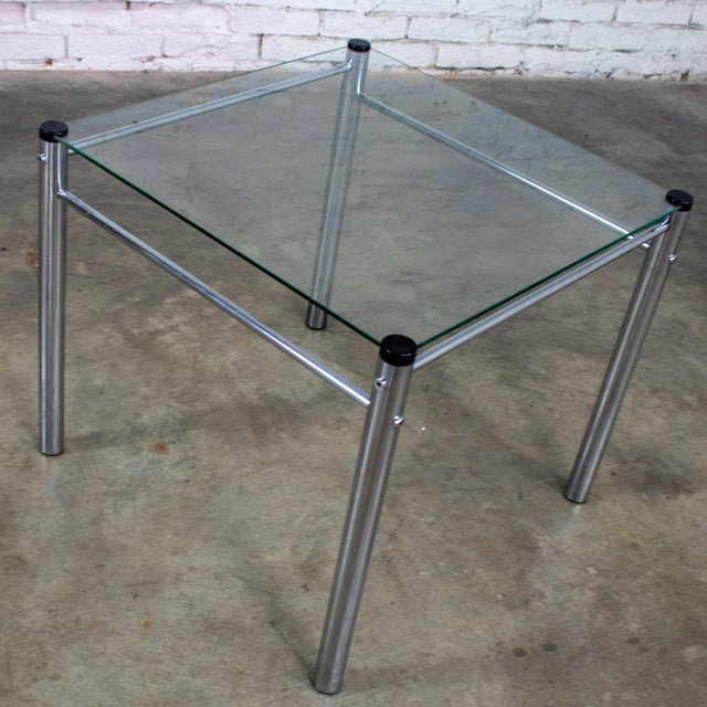 1970s 1970’s Modern Square End or Side Table by James David Cylindrical Chrome Tube Frame & Glass Top For Sale - Image 5 of 18