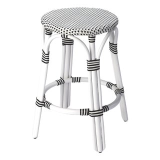 Tobias 24 in. Seat Height Round Rattan Backless Counter Stool, White/Black Dot / White Rattan Frame For Sale