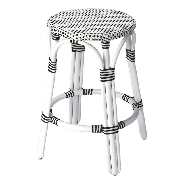 Tobias 24 in. Seat Height Round Rattan Backless Counter Stool, White/Black Dot / White Rattan Frame For Sale