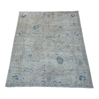 Ivory and Soft Blue Oushak Wool Rug With Floral Border For Sale