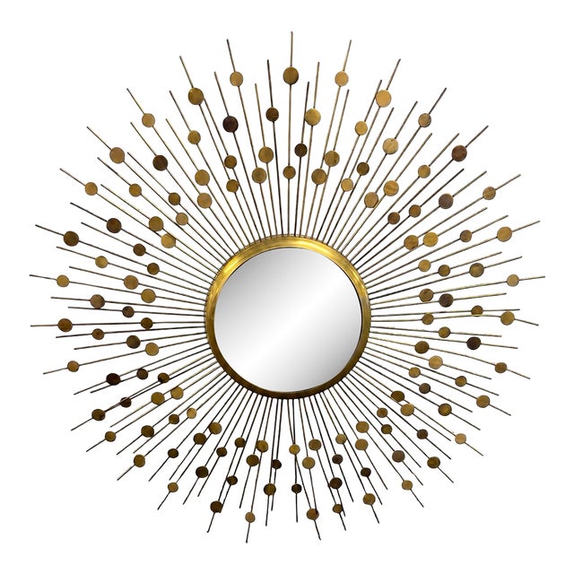 Large Brass Convex Sunburst Wall Mirror | Mid-Century Modern Atomic Style | 34” For Sale
