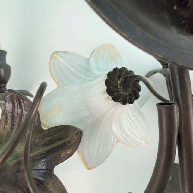 Vintage 7 Light Wrought Iron Wall Sconce With Milk Glass Flowers & Cherub Motif - Matching Sconce Available Separately For Sale - Image 4 of 12