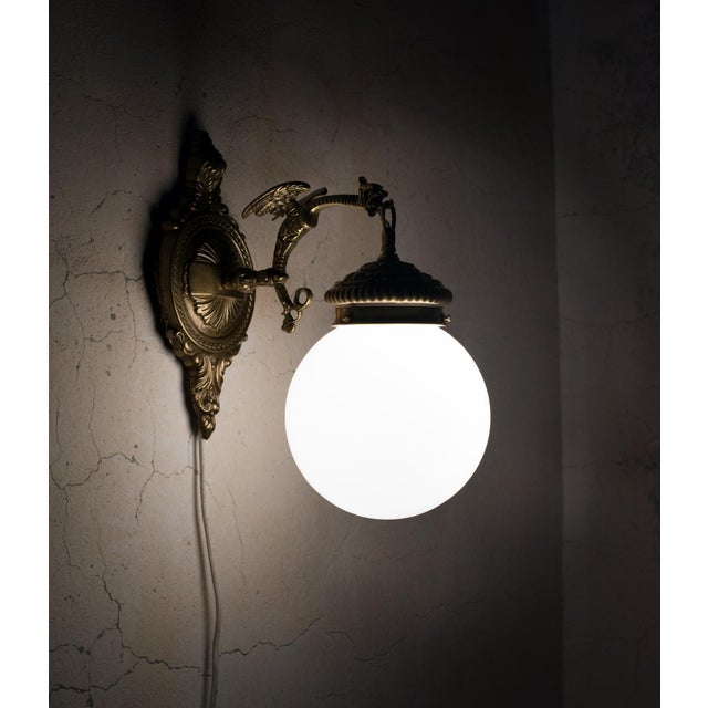 Brass 1960s Spanish Gothic Gold Brass Winged Griffin Wall Sconce With Opaline Glass Globe For Sale - Image 8 of 8