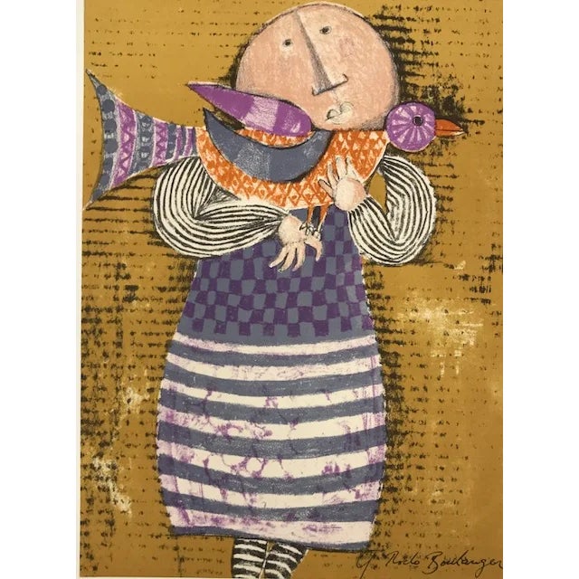 Title: Enfant et oiseau 1 Artist: Graciela Boulanger Country: Bolivia Medium: Original Lithograph Marks: Signed in plate,...