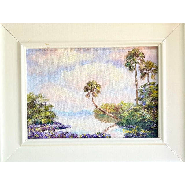 Original signed Florida coastal landscape painting by artist Carolton Barron, featuring swaying palm trees, reflective...