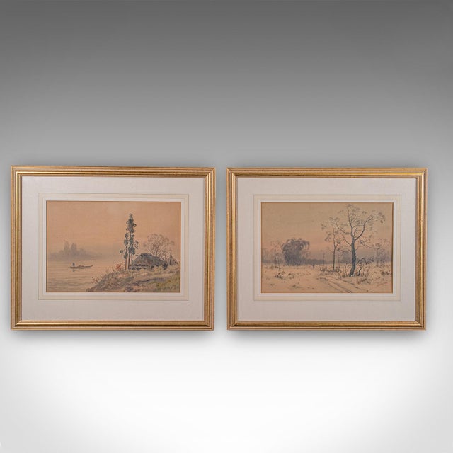 This is a pair of vintage landscape paintings. An Oriental, framed watercolour picture, dating to the mid 20th century,...