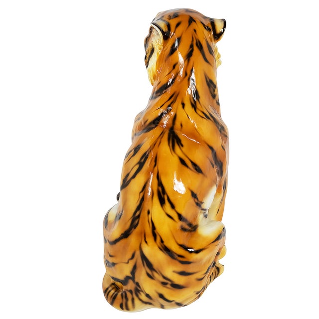 Mid-Century Modern Large Vintage Italian Hand Made Glazed Ceramic Tiger Sculpture, 1980s For Sale - Image 3 of 7