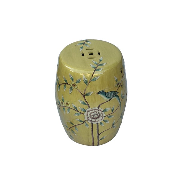 Distressed Yellow Porcelain Flower Birds Round Barrel Stool Table For Sale - Image 4 of 8