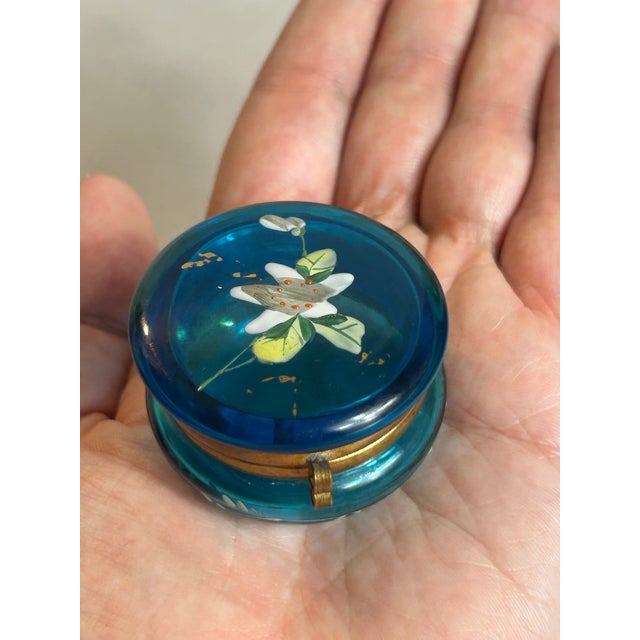 Antique Victorian Vanity Trinket Box Bohemian Floral Painted Cobalt Blue Glass For Sale - Image 9 of 12