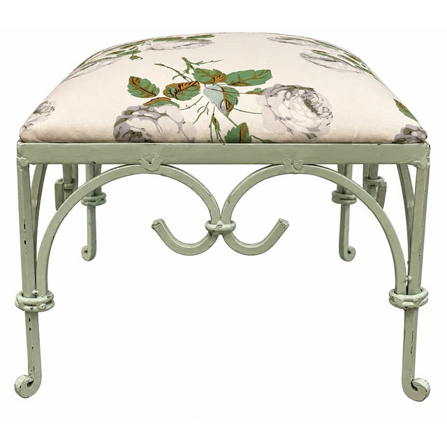 Vintage Iron Foot Stool With Colefax and Fowler “Bowood” Cotton Chintz Upholstered Cushion For Sale - Image 4 of 17