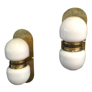 Vintage Art Deco Light Old Lamp Wall Sconces Fixture Brass & Milk Glass Shade Lamp Ship Light - a Pair