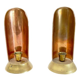 1970s Copper Reflector Candle Holder Lanterns With Wind Screens and Handles - a Pair For Sale