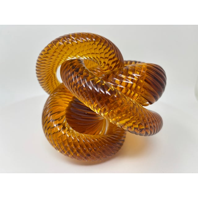 Signed Amber & Cognac Art Glass Infinity Knot Sculpture, Serpentine Texture For Sale - Image 11 of 17