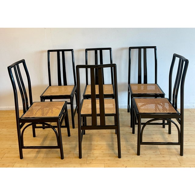 Mid-Century Modern Black Lacquered and Cane Chairs from Montina S.P.A., 1960, Set of 6 For Sale - Image 3 of 14
