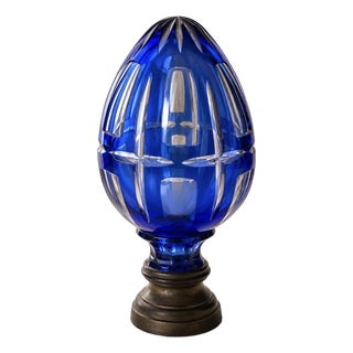 Vintage Cobalt Blue Cut Glass Egg Finial on Metal Base For Sale
